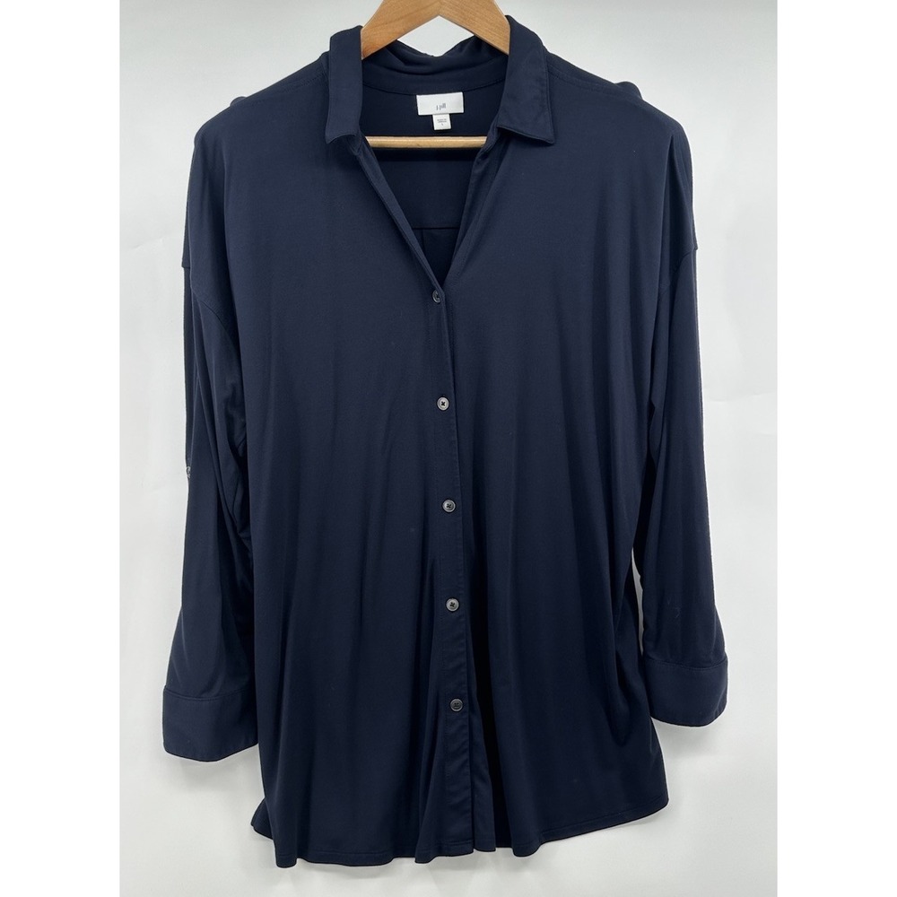 J Jill Women's Navy Blue Button Oversized Collared Blouse Comfortable Large